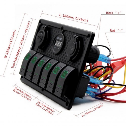 Switch Panel 6'lı Çakmaklık  + Voltmetre + Usb Yeşil