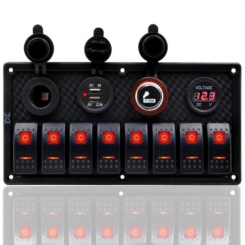 Switch Panel 8'li Çakmaklık + Usb +  Çakmak + Voltmetre Kırmızı